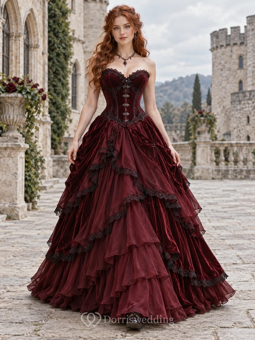 Burgundy Gothic Strapless Sweetheart Lace Trim Corset Ball Gown