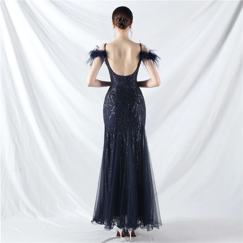 9-farbiges, handgefertigtes Abendkleid aus Kamelfedern, Netzstoff und Pailletten, sexy Trägern view 86