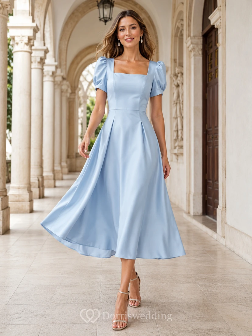 Sky Blue Square Neck Puff Sleeve Pleated Satin A-Line Tea Length Christening Mother Dress