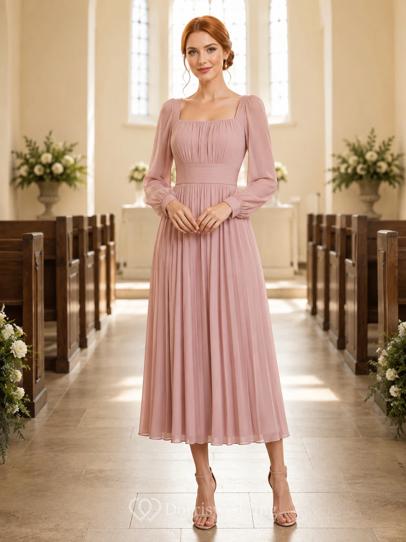 Church Dusty Rose Square Neck Chiffon A-Line Tea-Length Long Sleeve Dress