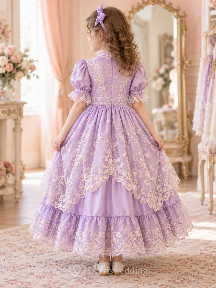 Victorian Lavender High Neck Puff Sleeve Lace Layered Long Flowergirl Dress view 2
