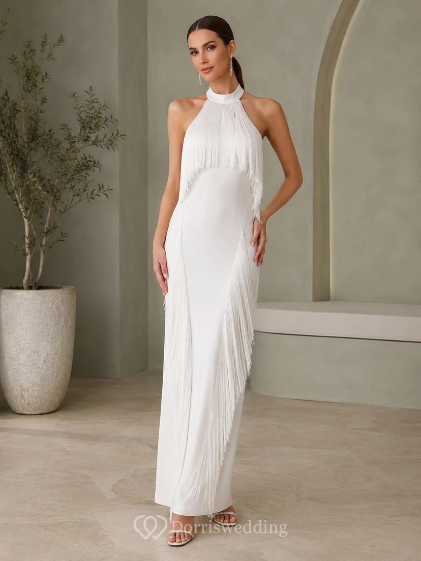 White Jersey Halter Sleeveless Slit Sheath Floor-length Dress