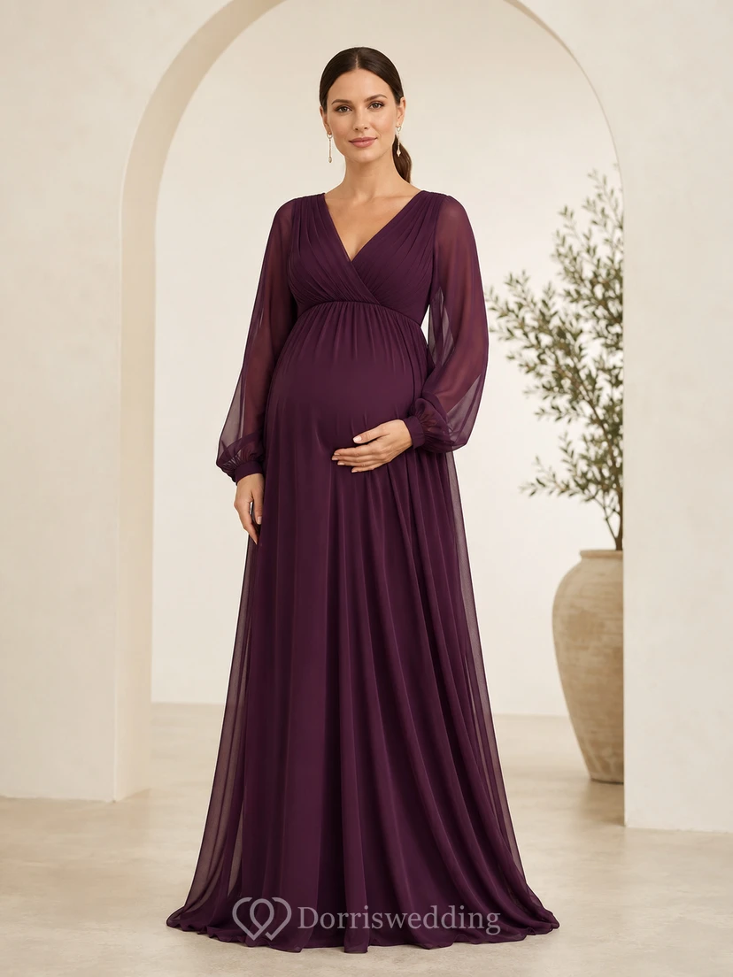 Vestido de gasa de manga larga con escote en V y corte imperio, estilo modesto, de Plum Maternity.