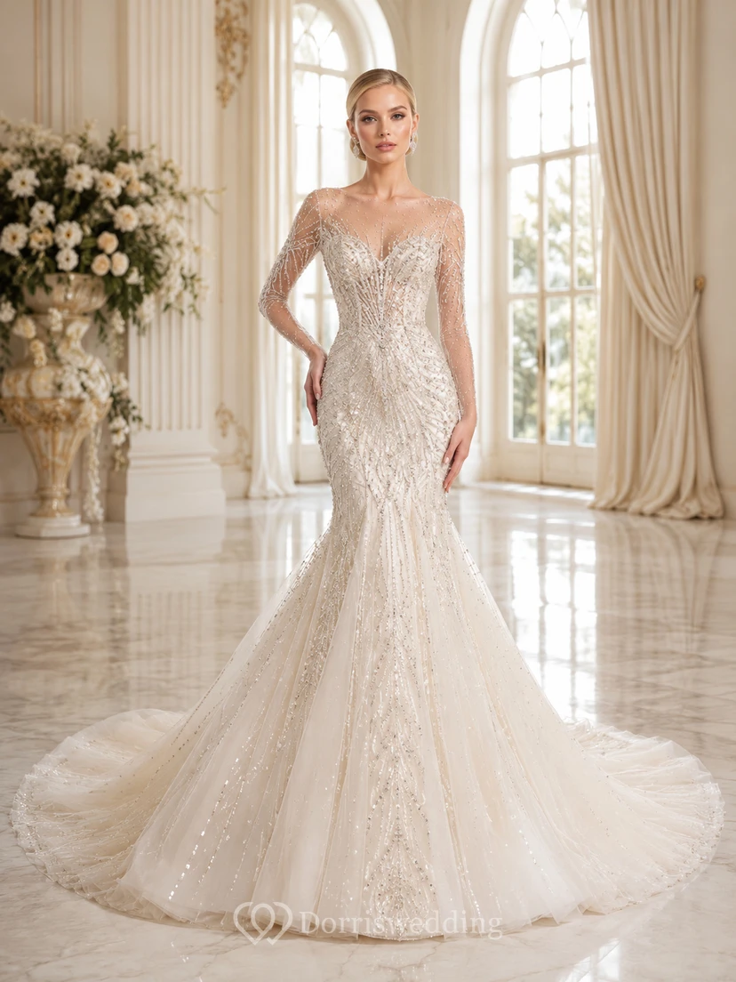 Robe de mariée sirène à manches longues, décolleté en V profond et traîne chapelle, ornée de perles, style bateau