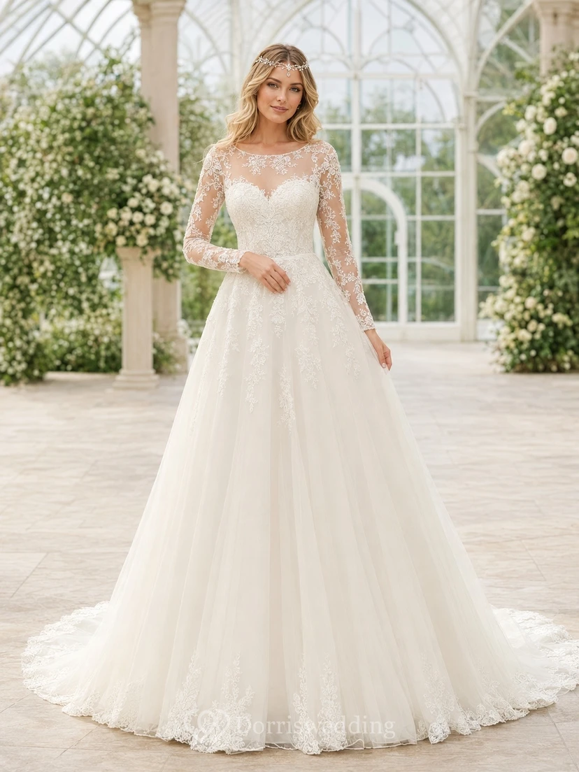 Vestido de novia de encaje con cola larga y corte en A