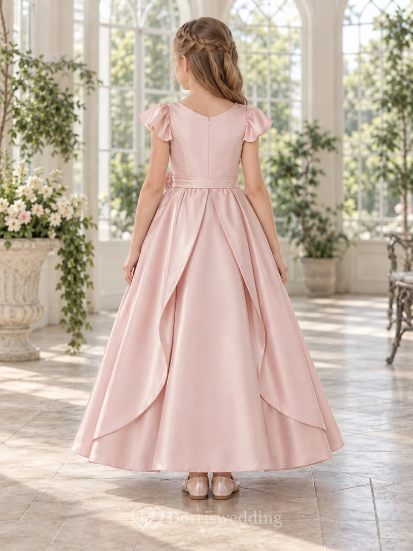 High-low Blush V-neck Flutter Sleeve Floral Satin Flower Girl Dress view 2