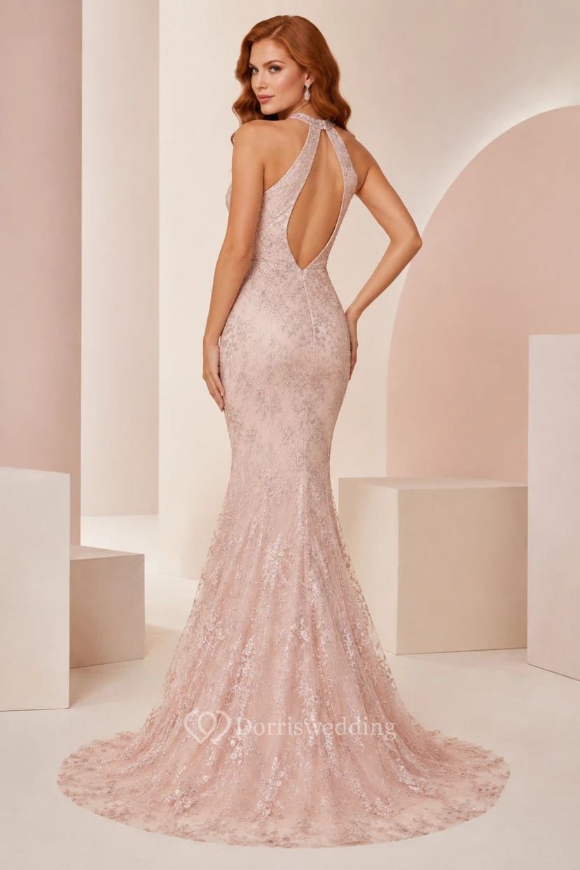 Blushing Pink Halter Beaded Mermaid Formal Dress with Deep V Neck and Open Back view 2