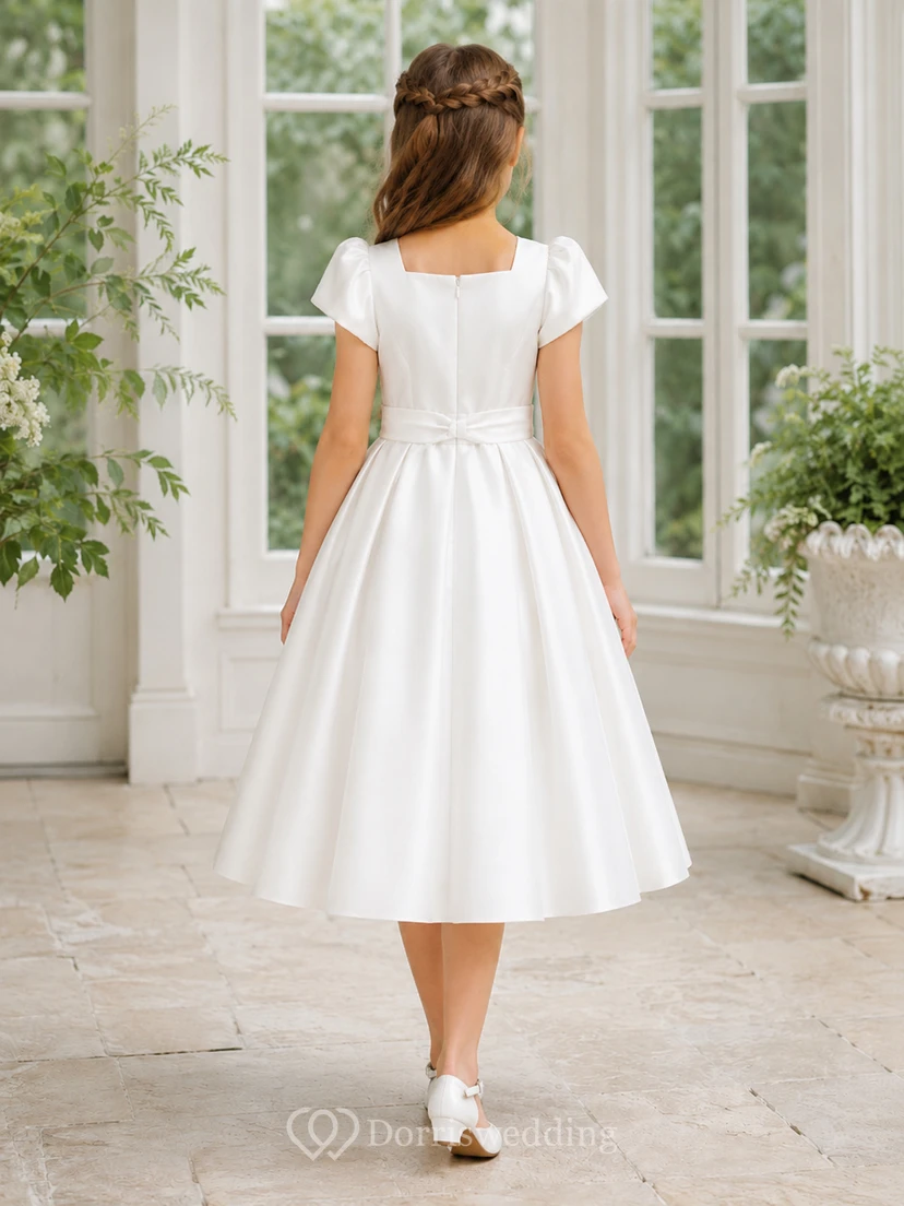 Weißes, plissiertes Satinkleid mit Rundhalsausschnitt, kurzen Ärmeln und Teelänge, ideal für Kommunion und als Blumenmädchenkleid. view 2
