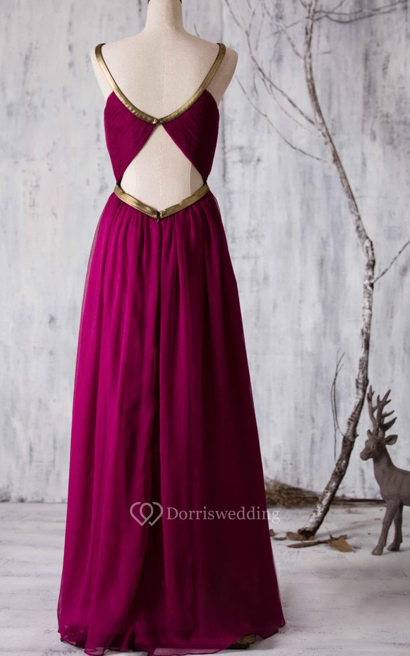 Allover Pleated A-line Chiffon Floor Length Dress With Back Keyhole view 4