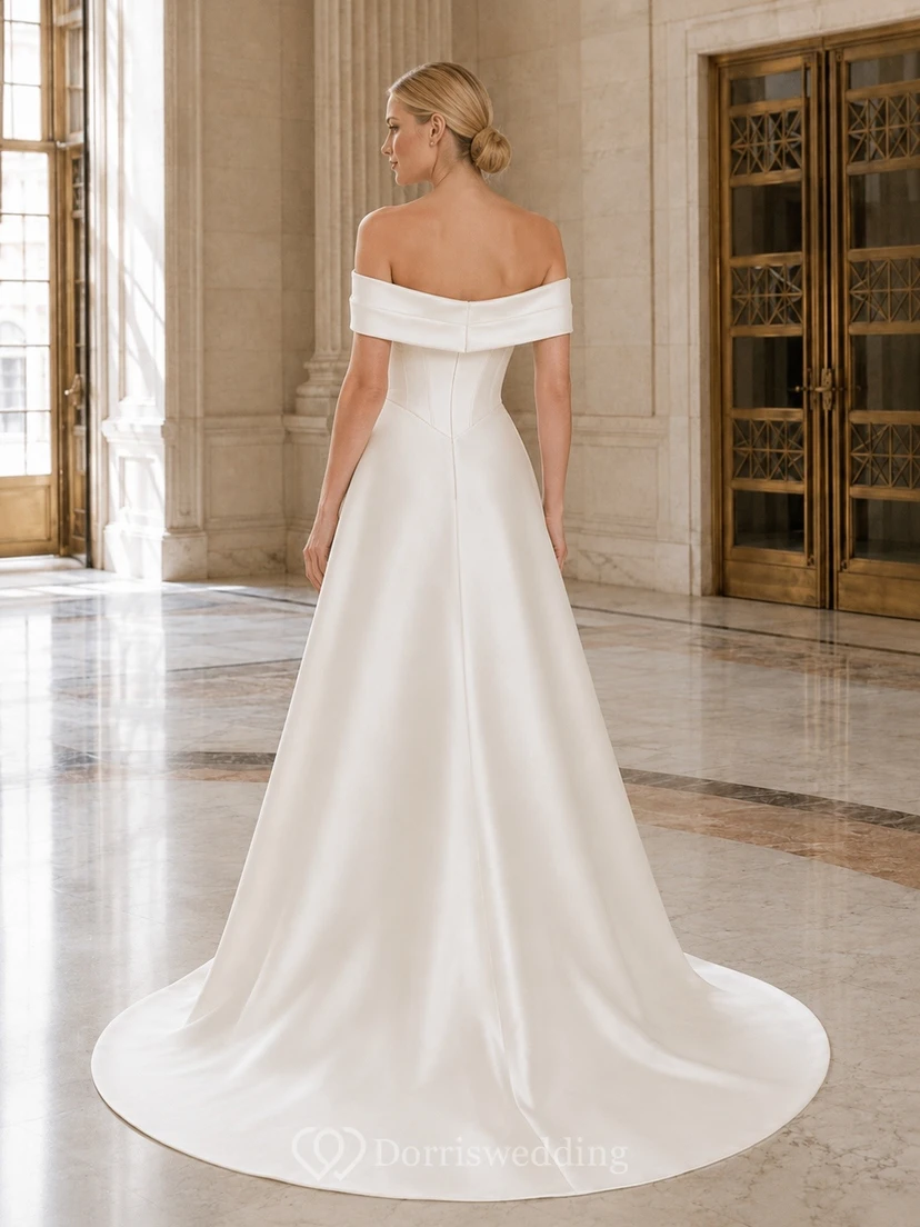 Vestido de novia sencillo y elegante de corte A en satén blanco con hombros descubiertos view 2