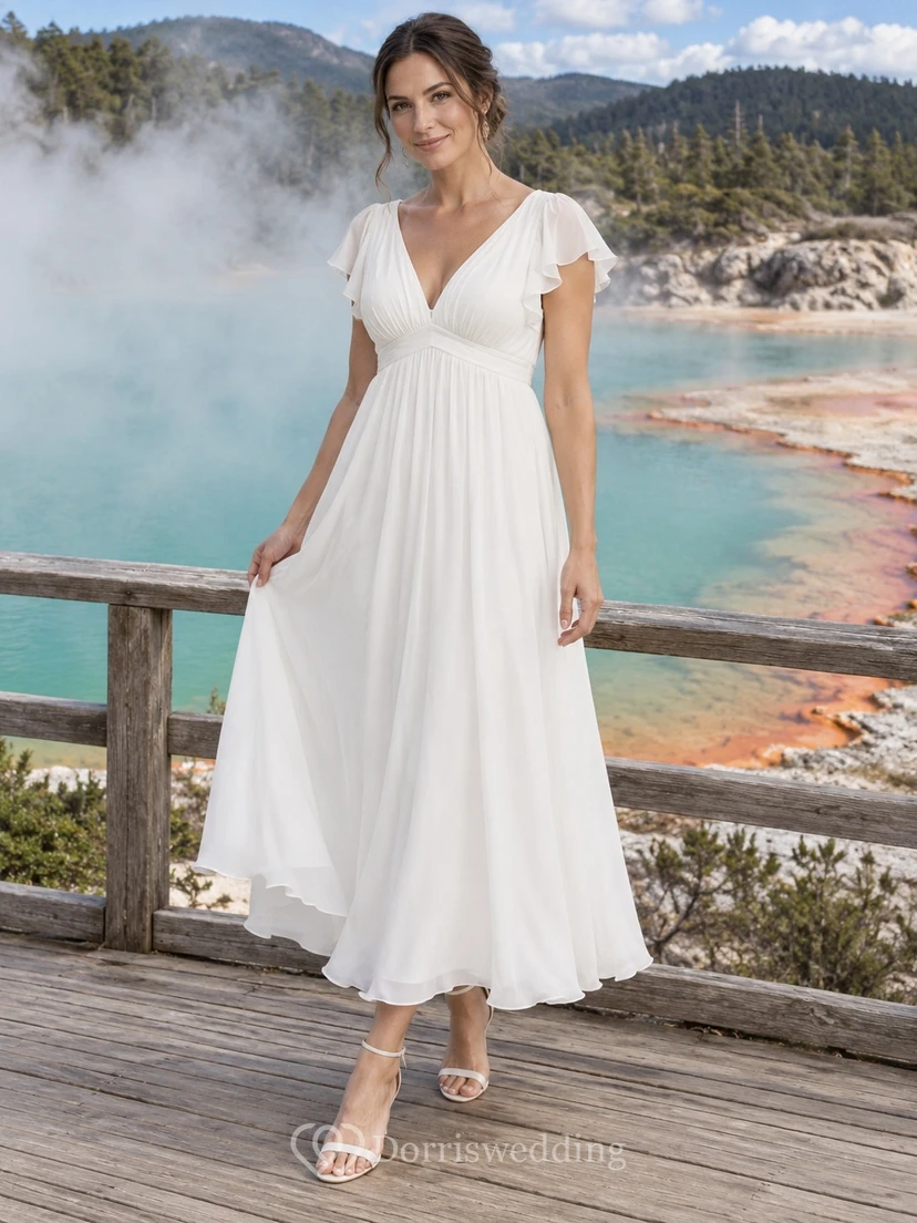 Schlichtes, teelanges A-Linien-Brautkleid mit V-Ausschnitt, flatternden Ärmeln