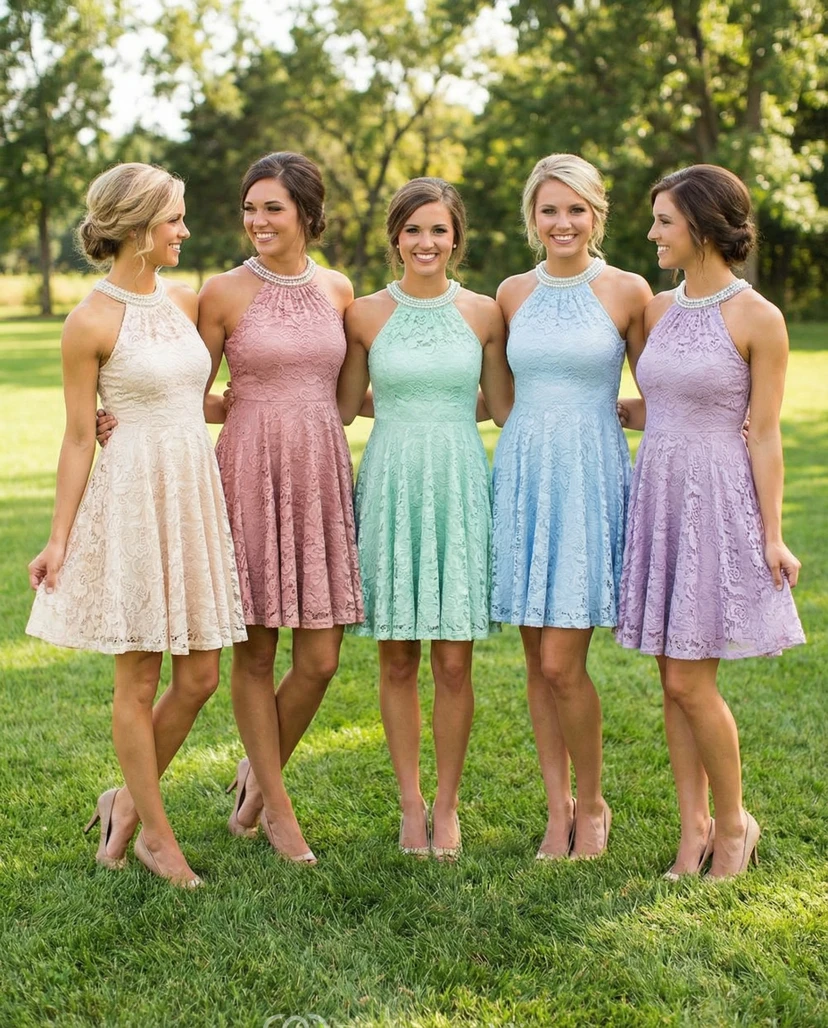 Sleeveless Short Lace Empire Waist Bridesmaid Gown