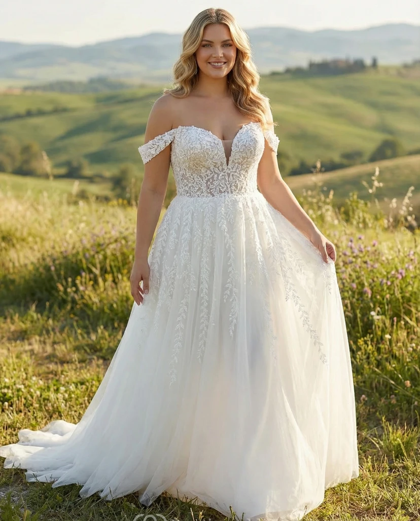 Plus Size Off Shoulder Lace A-Line Wedding Dress with Sweetheart Bodice