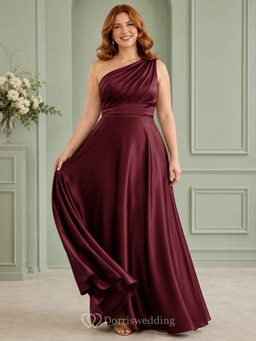 Plus Size Burgundy One-Shoulder Satin A-Line Floor-Length Formal Dress