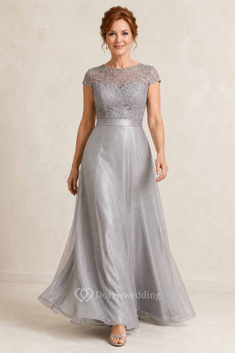Silbernes Tüll-A-Linien-Kleid für die Mutter mit perlenbesetztem Spitzenoberteil