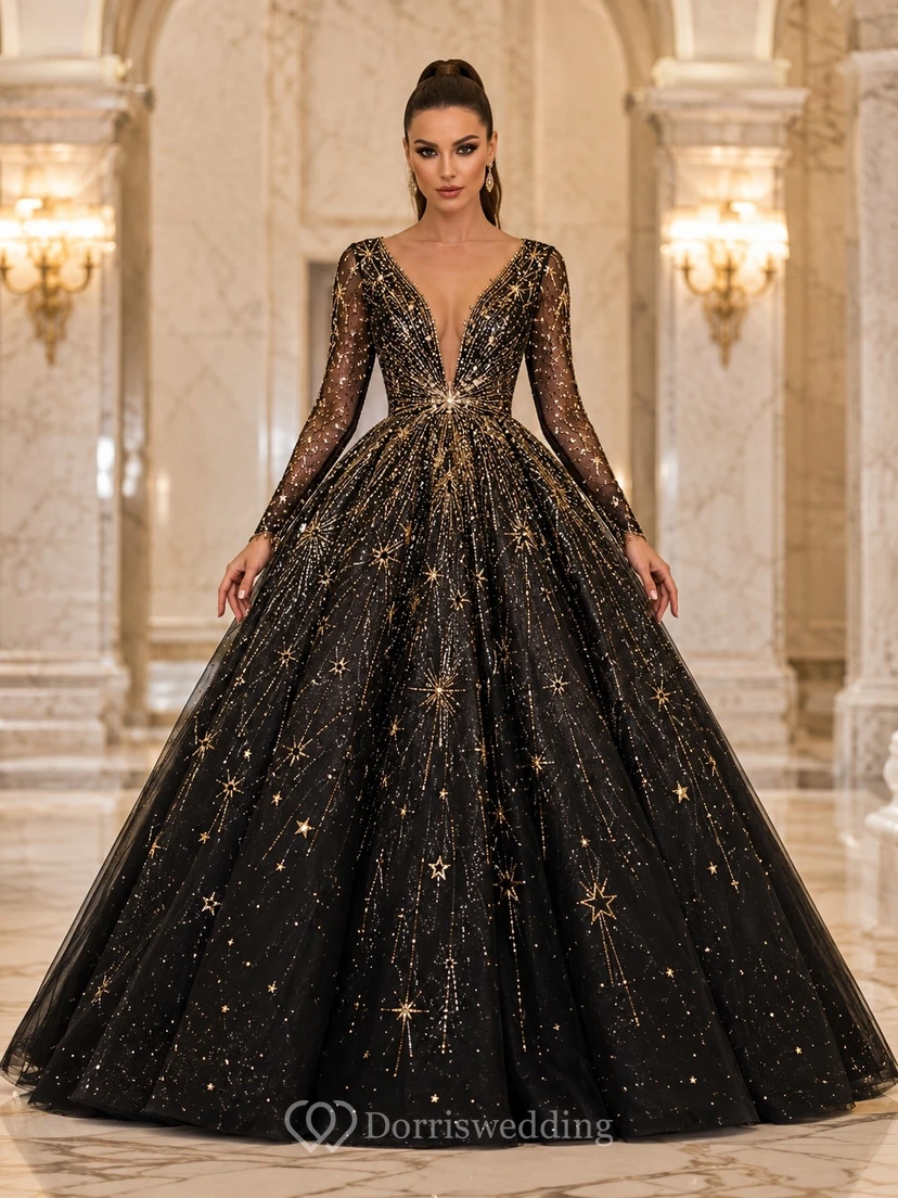 Black Tulle V-neck Long Sleeve Sequin Ball Gown Dress