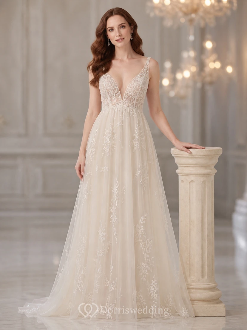 Vestido de novia bohemio estilo imperio con escote en V, sin mangas, de encaje y cola larga.