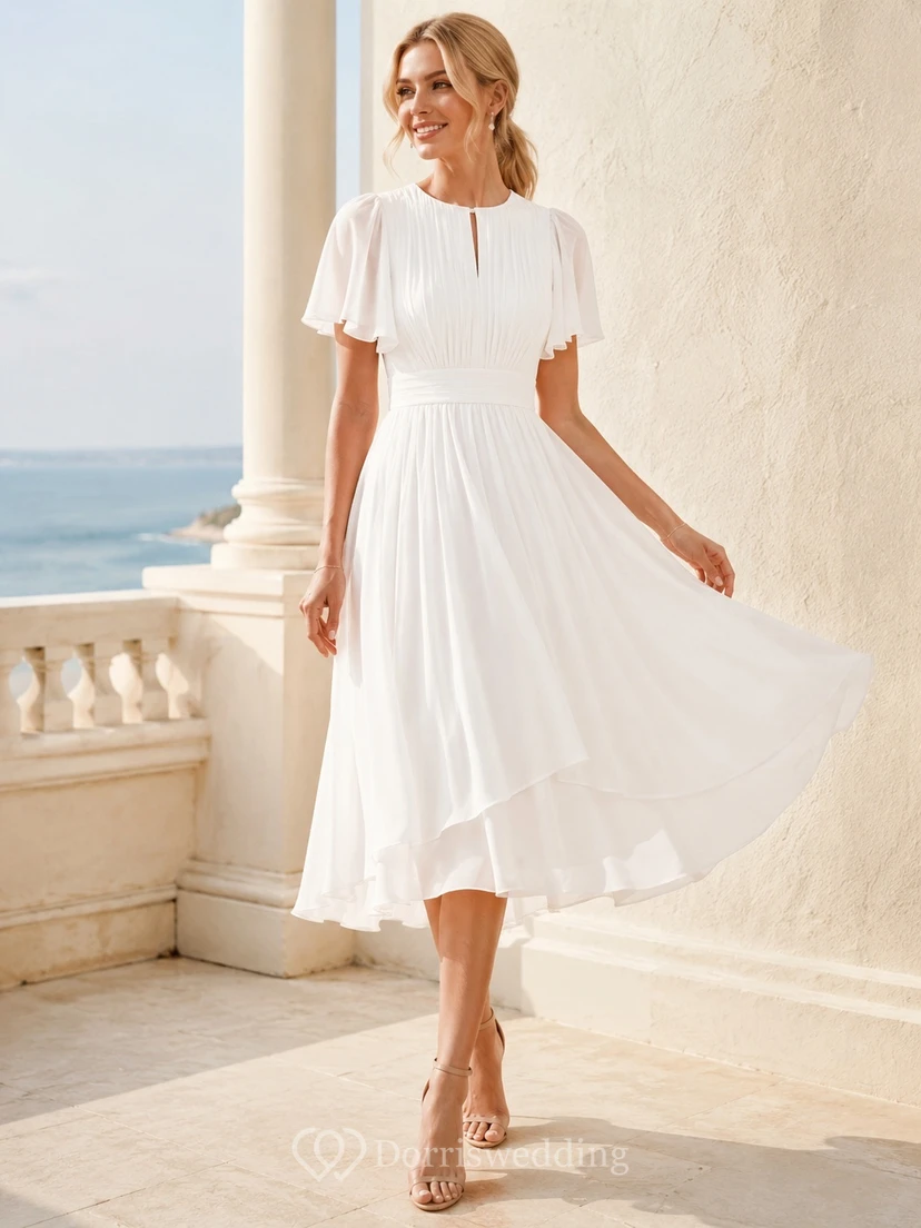Modest White Jewel Neck Flutter Sleeve Chiffon A-Line Tea-Length Summer Dress