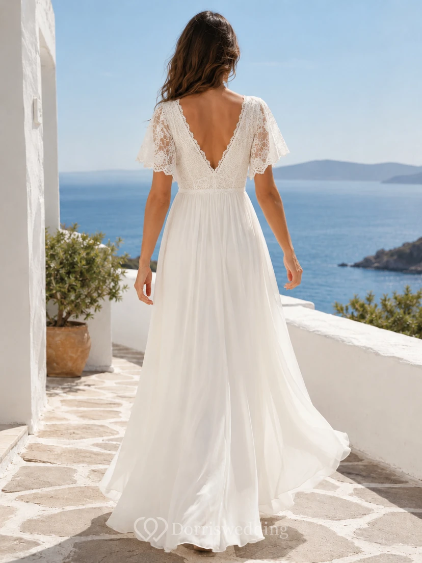 Bohemian Chiffon Abito Sposa A Line V Neck Flutter Sleeves Sweep Train view 2