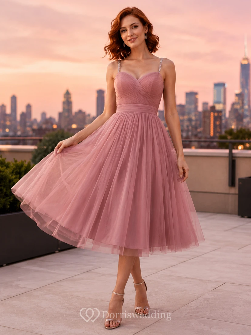 Dusty Rose Spaghetti Tulle A-Line Cocktail Dress