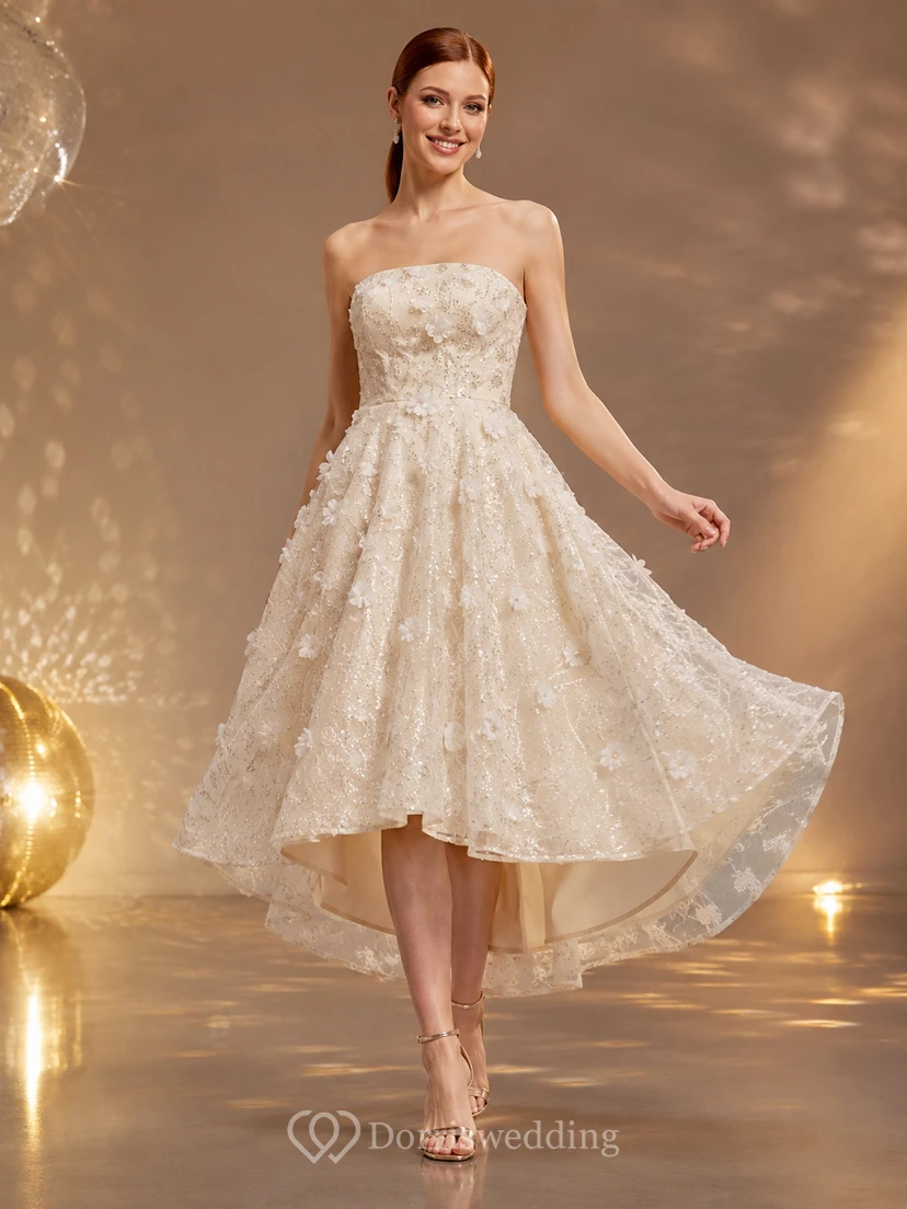 Champagne Strapless Floral High-Low Sequin A-Line Cocktail Dress