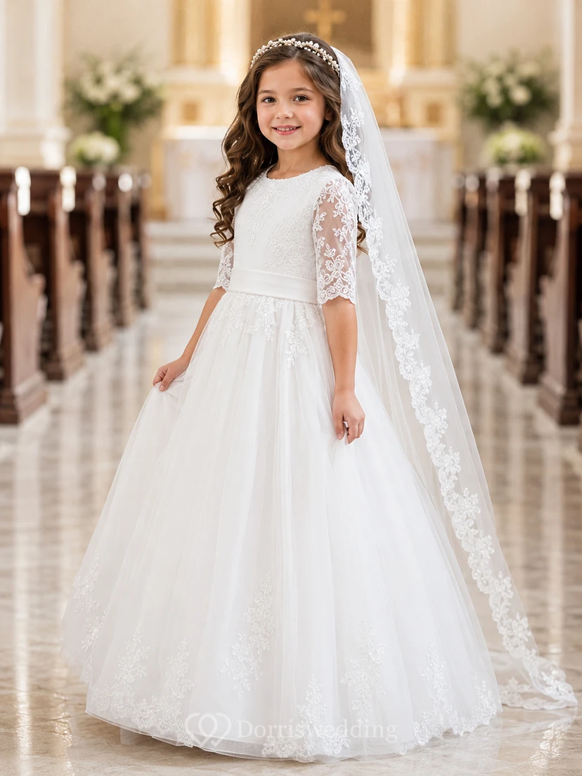 Robe de première communion en tulle à col rond et manches trois-quarts en dentelle, col rond et manches trois-quarts