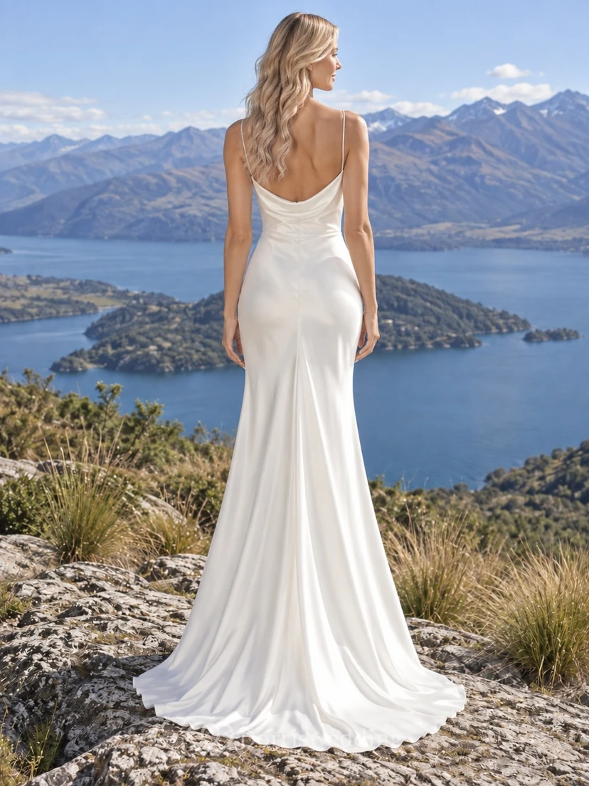 Schlichtes Brautkleid im Meerjungfrauenstil mit Spaghettiträgern, Satin-Drapierung und herzförmigem Ausschnitt view 2