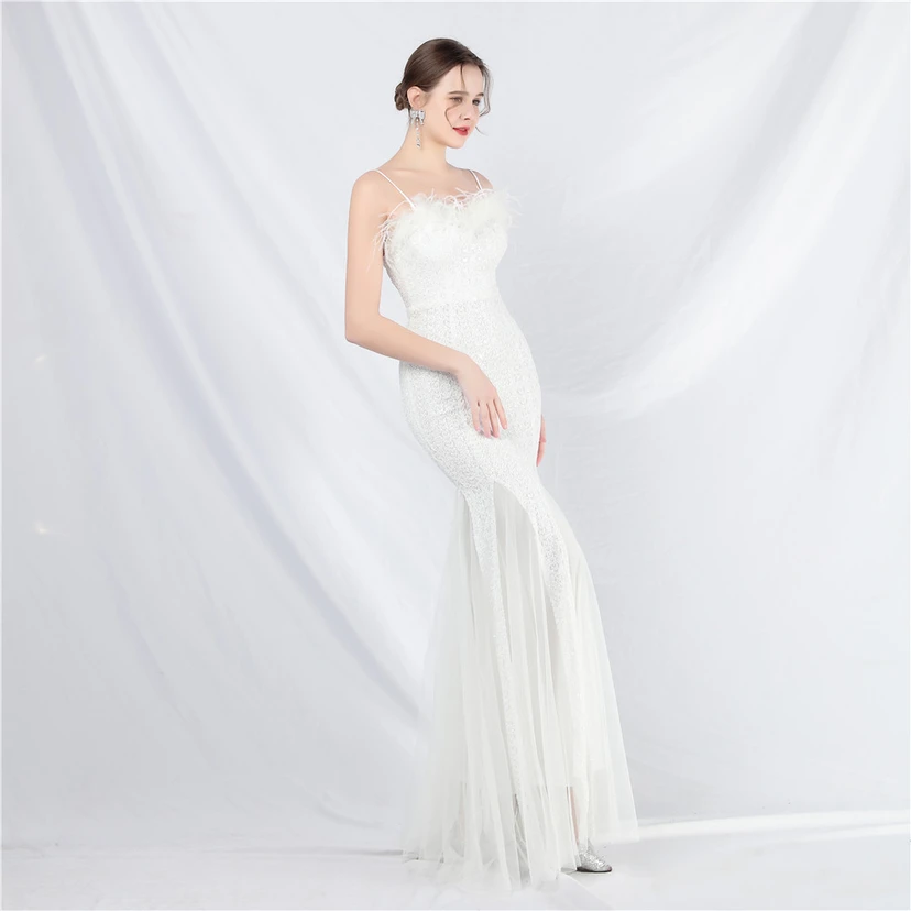 Craft Ostrich Feather Mesh Sequined Long Evening Dress view 3