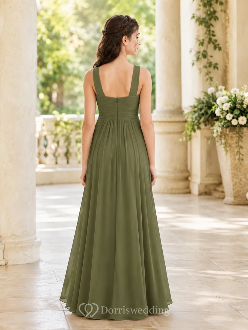 Olivgrünes Brautjungfernkleid für junge Mädchen, A-Linie, ärmellos, schlicht und formell view 2