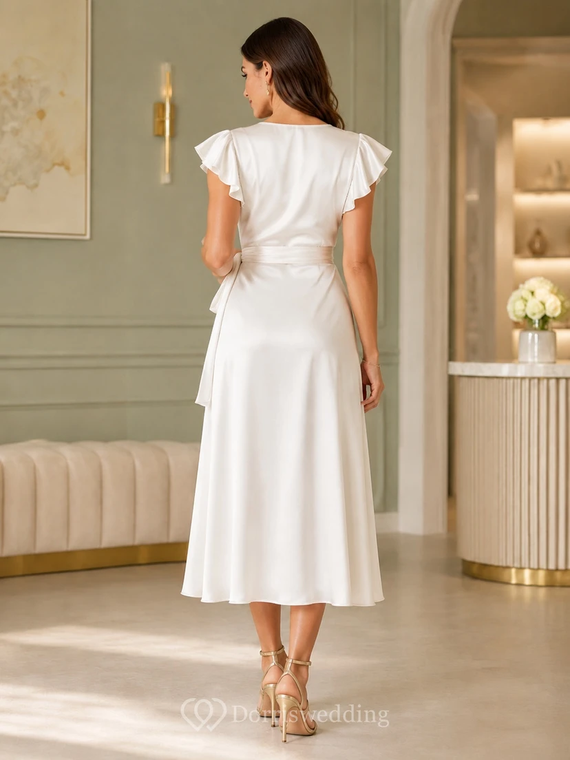 Robe de cocktail fendue en satin blanc, col en V, manches papillon, longueur thé, coupe fourreau, col en V et manches papillon view 2