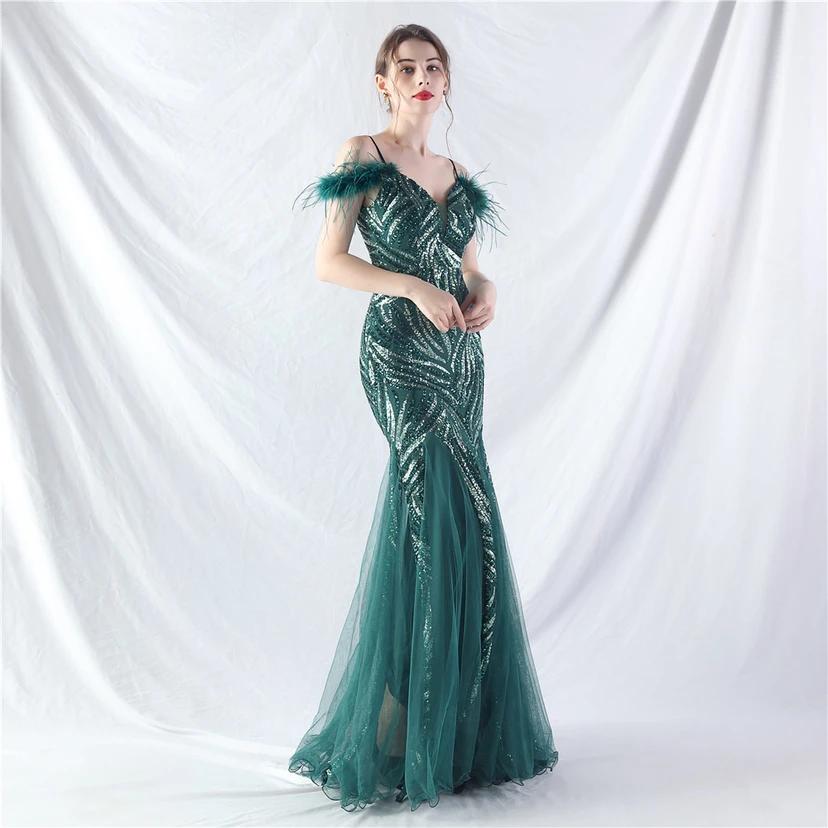 Crafted Ostrich Feather Stacked Sequins Splicing Mesh Gauze High-End Evening Dress Clothes view 22