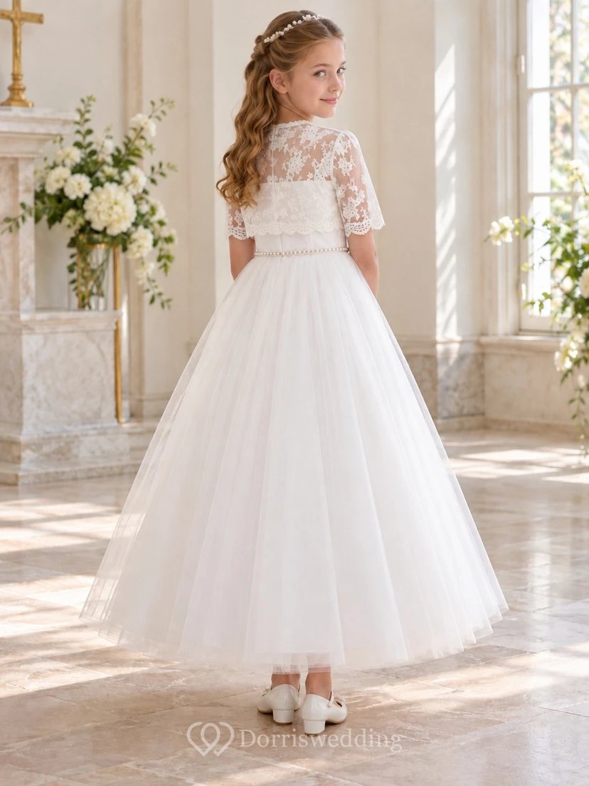 Modest White Ankle-length Half Sleeve Lace Bolero Gathered Tulle Communion Dress view 2