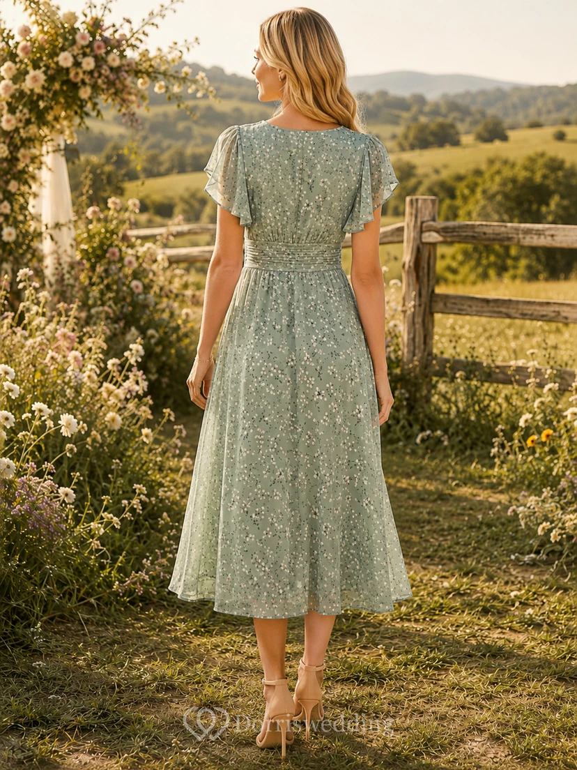 Country Sage Lace V-Neck A-Line Tea-Length Short Sleeve Wedding Guest Dress view 2