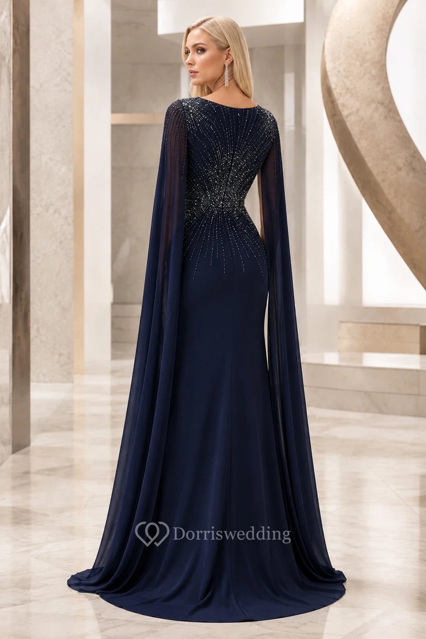 Dark Navy Cape Sleeve Beaded Sheath Evening Dress with Rhinestone Bodice and Floor Length Skirt view 2
