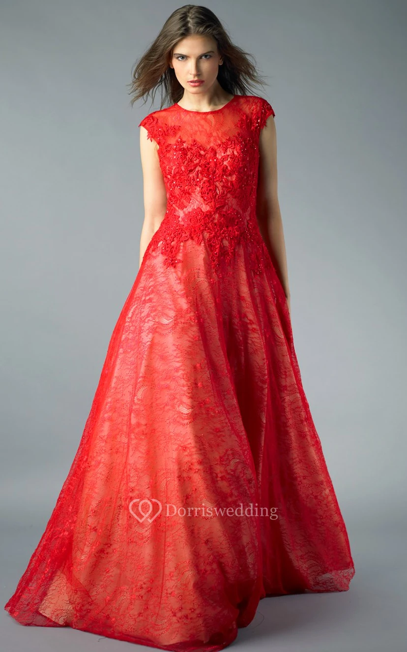 A-line Floor-length High Neck Short Sleeve Lace Illusion Dress view 7