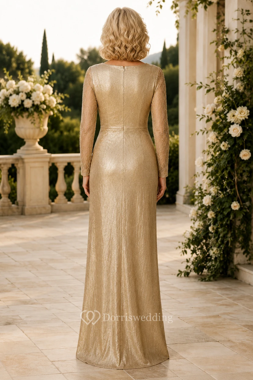 MOB Kleid Gold Stretch Satin Etuikleid Langarm V-Ausschnitt Bodenlang Gerafft view 2