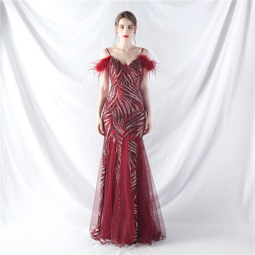 Crafted Ostrich Feather Stacked Sequins Splicing Mesh Gauze High-End Evening Dress Clothes video preview