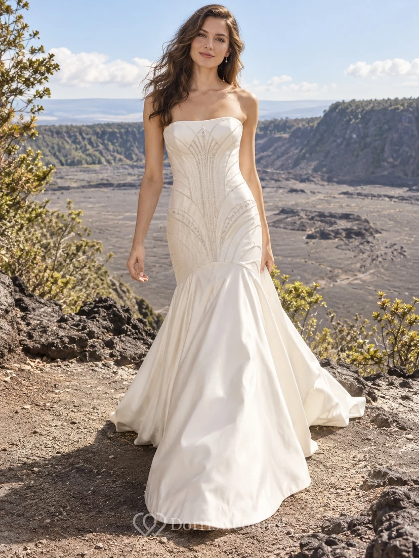 Vestido de novia estilo sirena sin tirantes, estilo art déco, sin mangas, con estampado geométrico de cuentas y cola larga de satén.