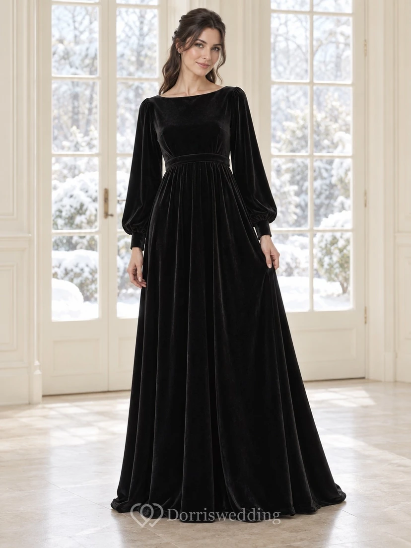 Vestido de dama de honor largo de terciopelo negro con escote barco y mangas obispo, corte en A.