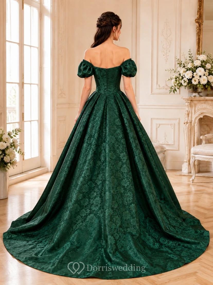 Vestido de gala de tafetán verde oscuro con hombros descubiertos y mangas abullonadas view 2