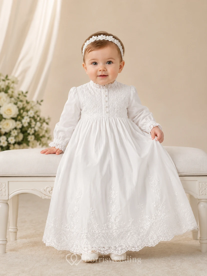 Classic Modest Baby Baptism Christening Ceremony Gown A-Line Tea-Length Jewel Neck Long Sleeve Satin Lace Button Back