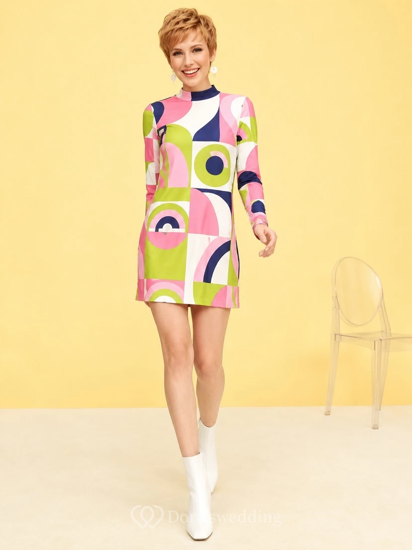 Robe fourreau mini abstraite vintage multicolore à manches longues et à motifs géométriques géométriques.