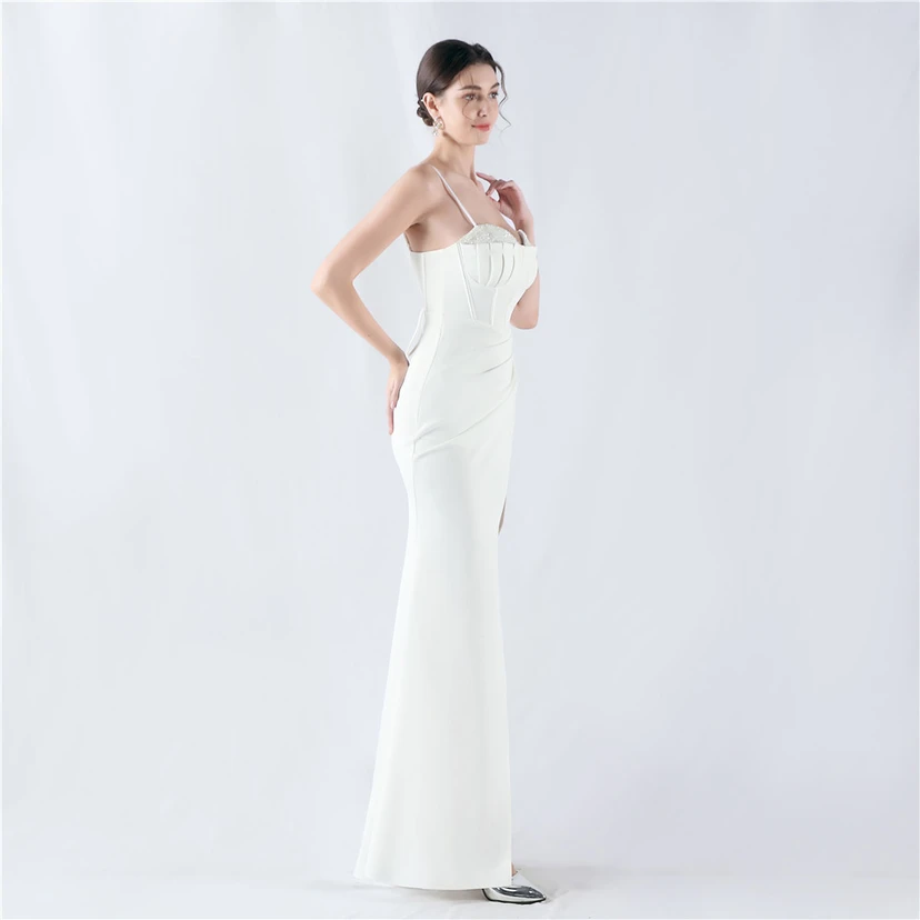 Fishbone Waist Set Crystal Diamond Satin Host Evening Dress view 22