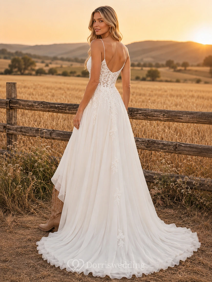 Spaghetti Strap Country Wedding Dress with V-Neck Lace and Chiffon Split Skirt view 2