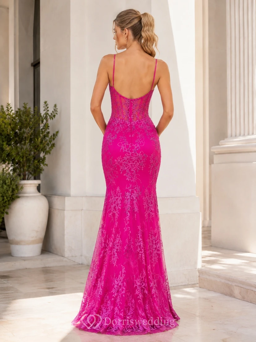 Fuchsiafarbenes, ärmelloses, bodenlanges, sexy Meerjungfrauen-/Trompeten-Kleid aus Spitze mit Herzausschnitt view 2