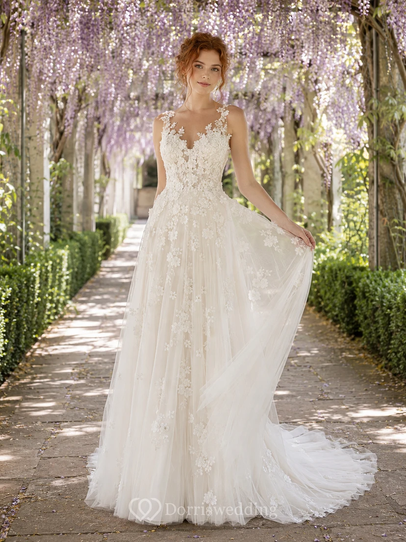 Illusion Floral 3D Applikationen Tüll Gartenballkleid