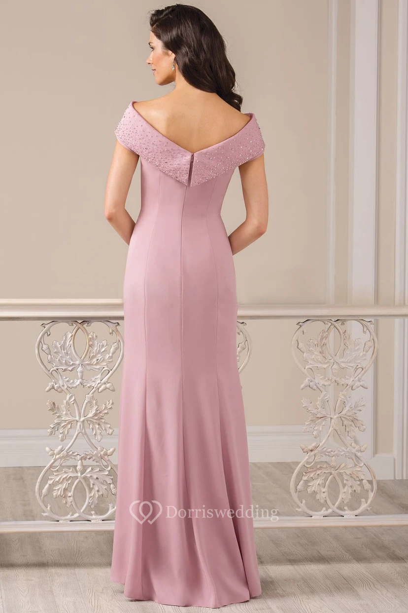 Cap-Sleeved Long Sheath Gown With Front Slit And Beadings view 2