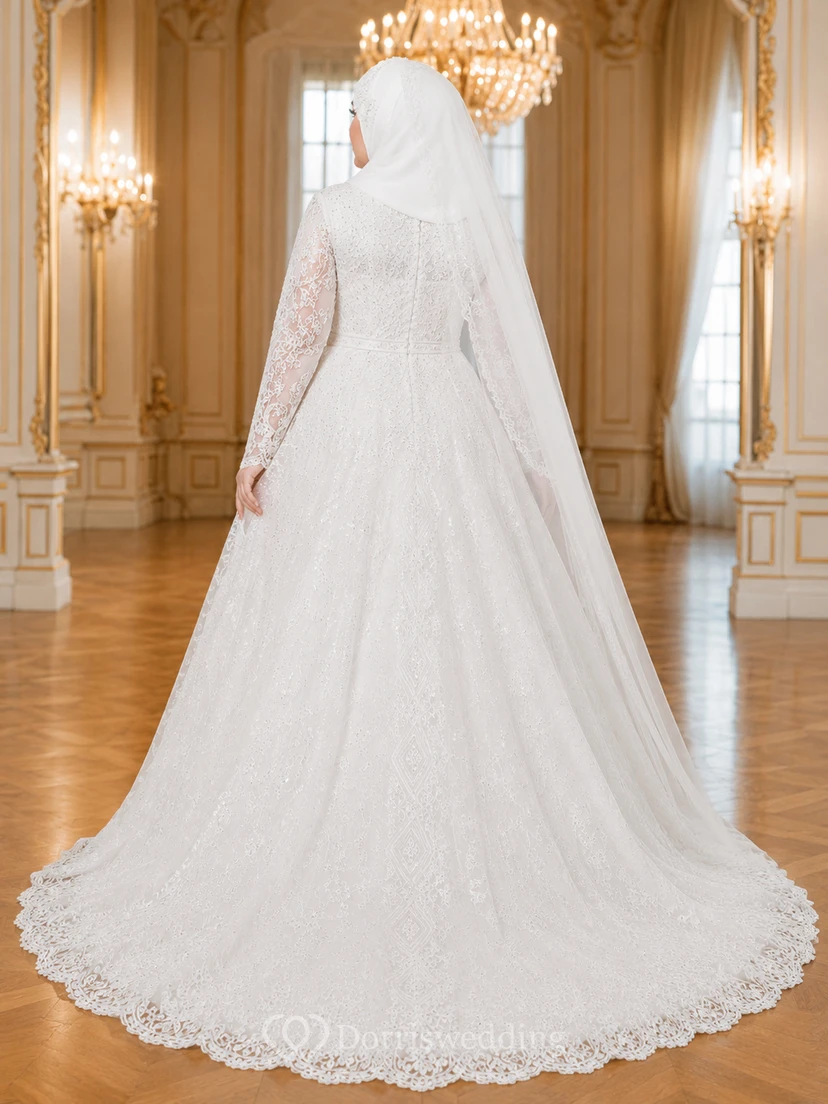 Plus Size Muslim Long Sleeve Lace Ball Gown Wedding Dress view 2