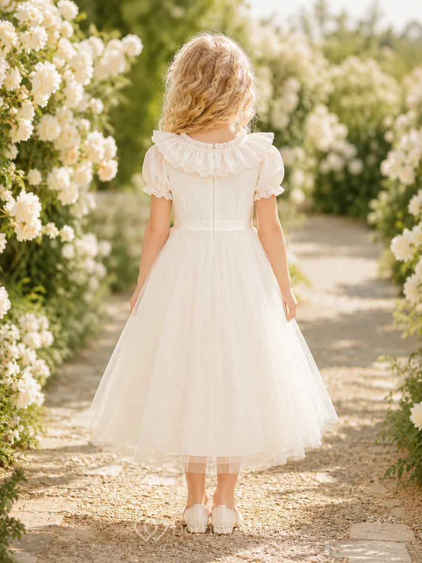 Bow Back Tulle A-Line Flower Girl Dress with Jewel Neck and Tea-Length Skirt view 2