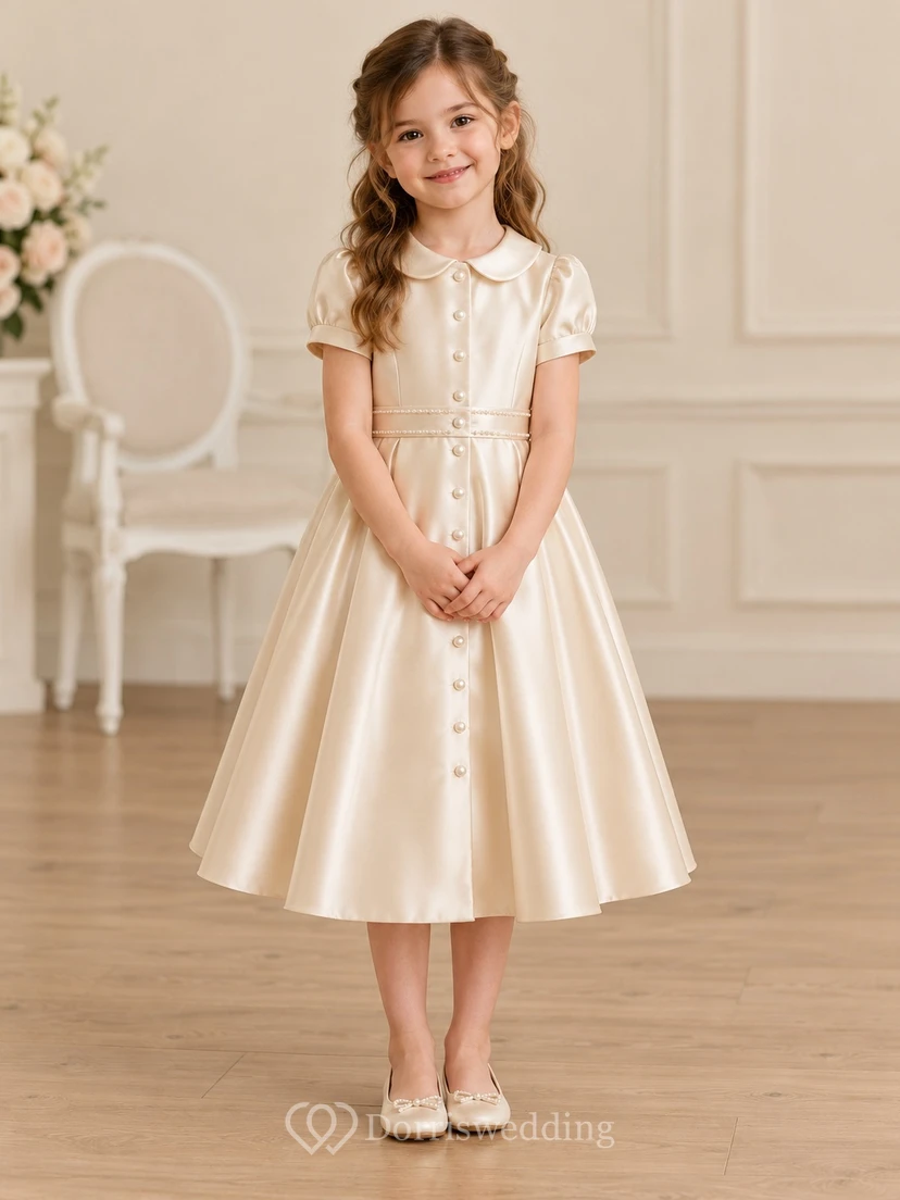Cream Peter Pan Collar Puff Sleeve Button Flower Girl Dress